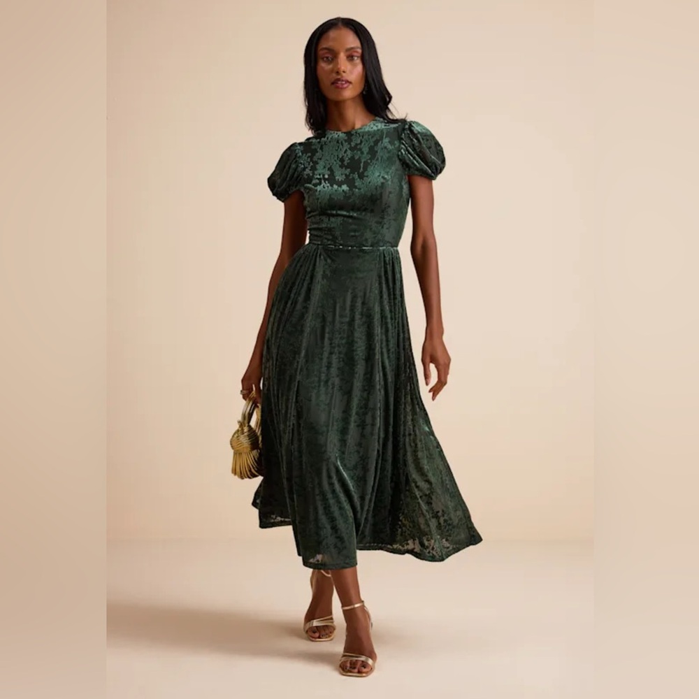 NWT Lulus Arlie Emerald Velvet Burnout Puff Sleeve Midi Dress